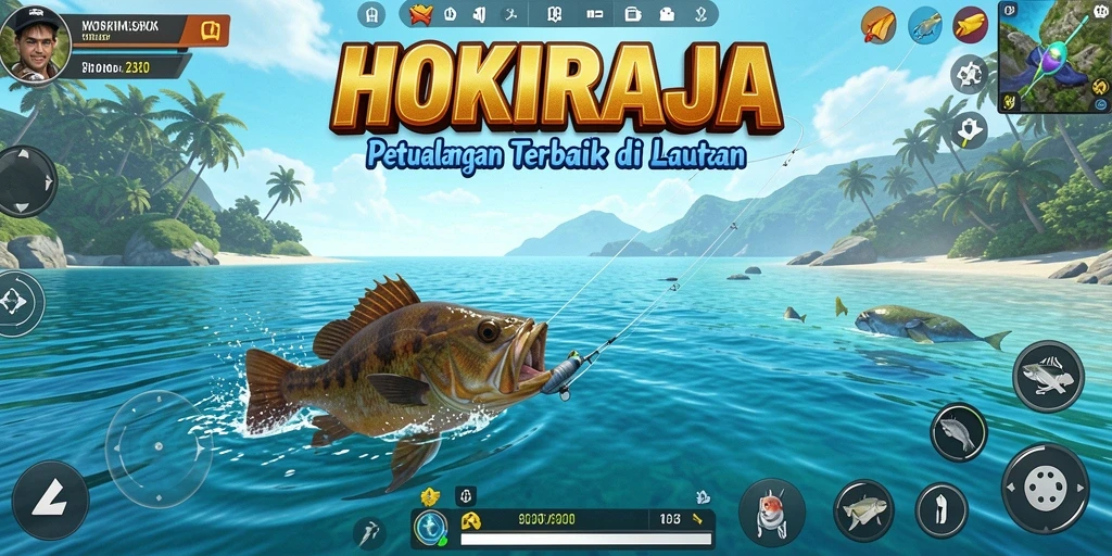 Screenshot gameplay HOKIRAJA menunjukkan suasana memancing yang menenangkan.